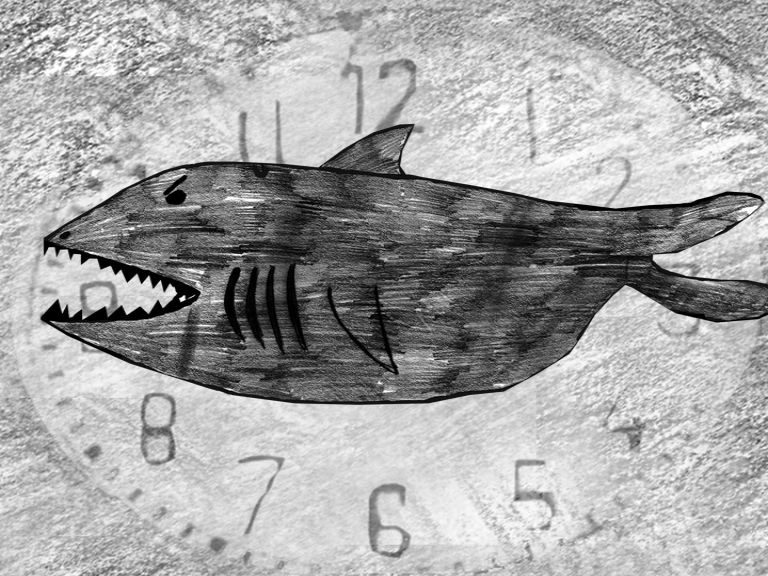 Immagine in bianco e nero con pesce e numeri disposti come un orologio
